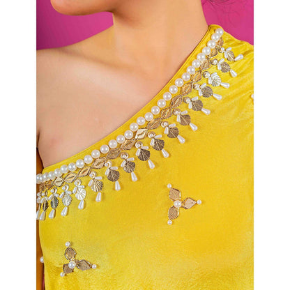 Harleen Kaur Yellow Haldi Tissue Hand Embroidered One Shoulder Cape Top and Palazzo (Set of 2)