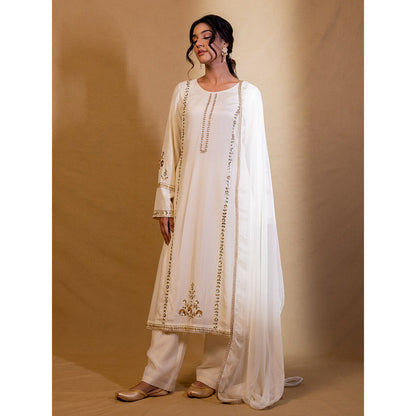 Harleen Kaur Off White Embroidered Pakistani Kurta with Pant and Dupatta (Set of 3)