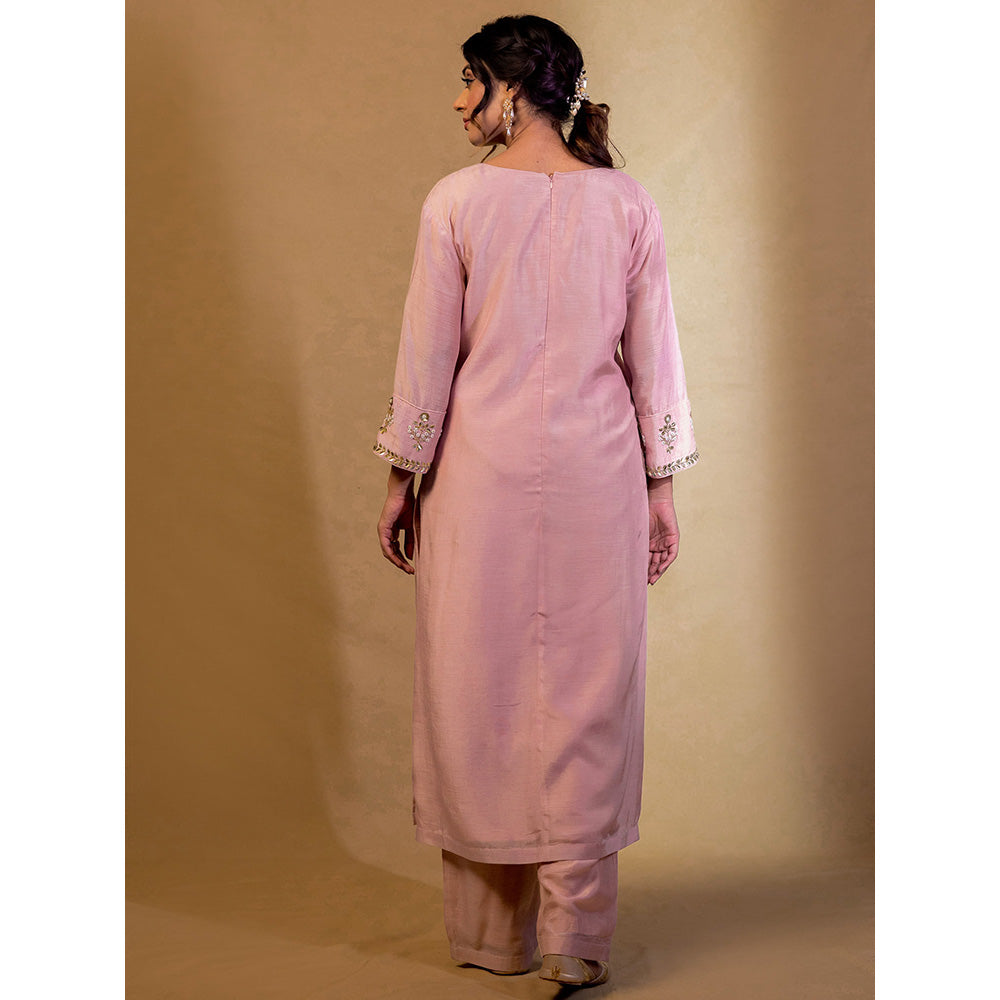 Harleen Kaur Pink Chanderi Hand Embroidered Kurta with Pant and Dupatta (Set of 3)