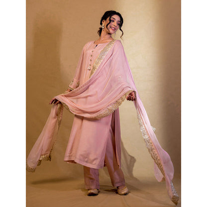 Harleen Kaur Pink Chanderi Hand Embroidered Kurta with Pant and Dupatta (Set of 3)