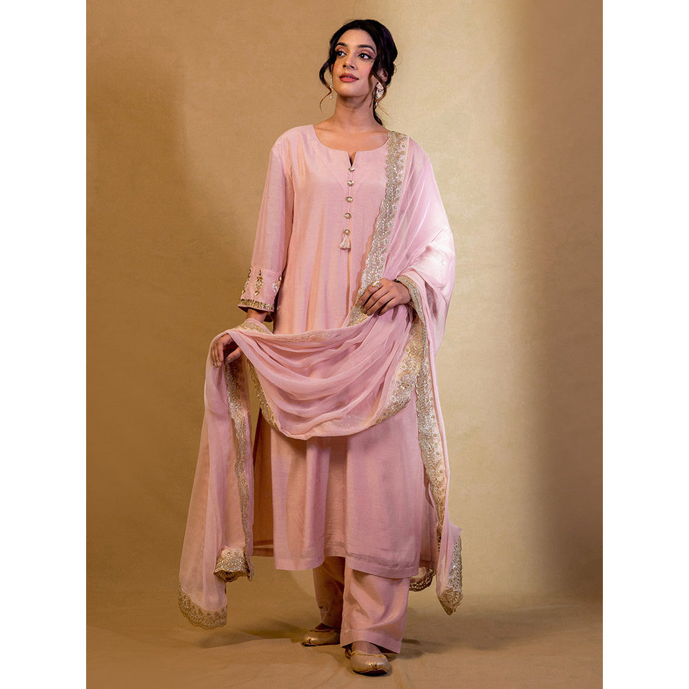 Harleen Kaur Pink Chanderi Hand Embroidered Kurta with Pant and Dupatta (Set of 3)