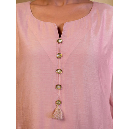 Harleen Kaur Pink Chanderi Hand Embroidered Kurta with Pant and Dupatta (Set of 3)