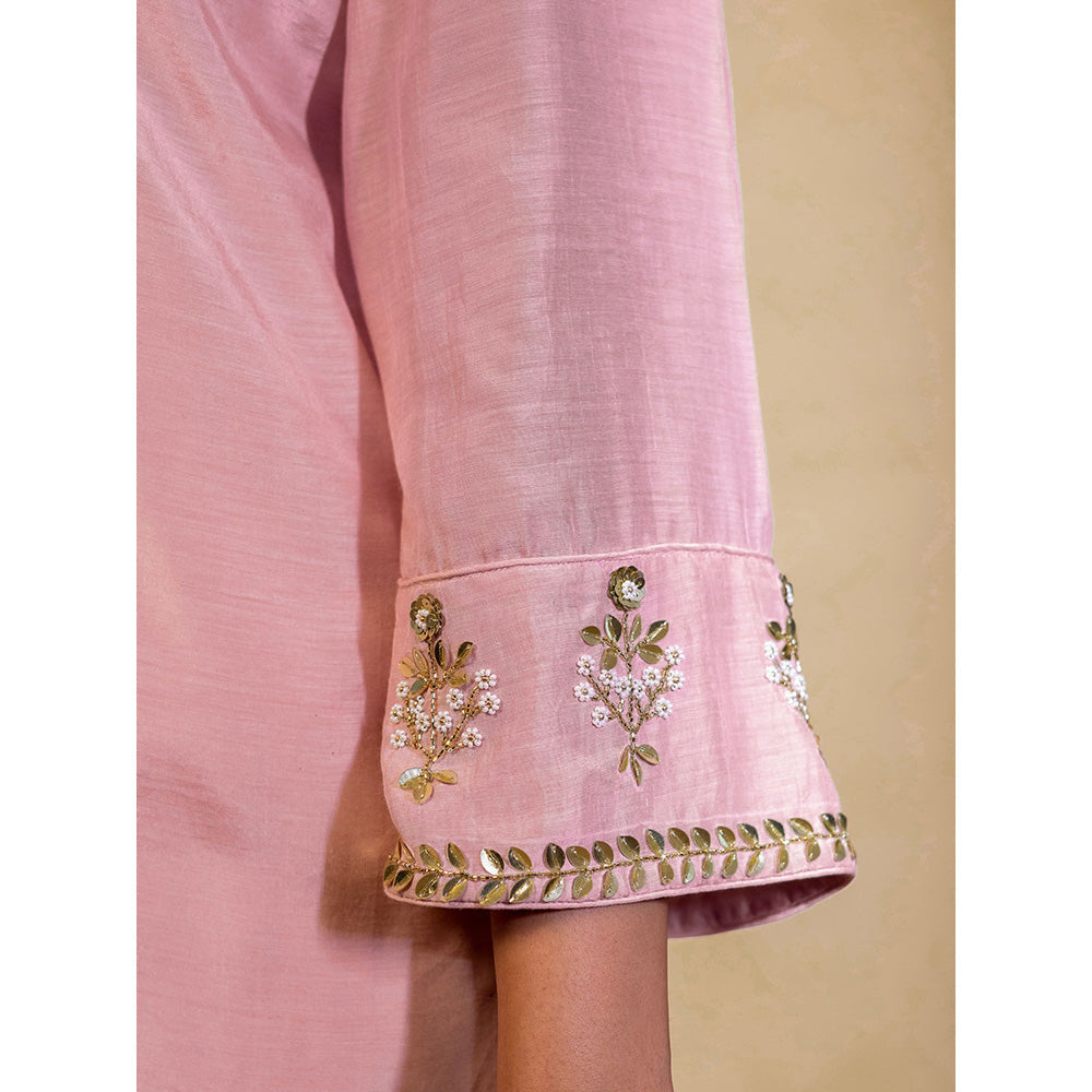 Harleen Kaur Pink Chanderi Hand Embroidered Kurta with Pant and Dupatta (Set of 3)