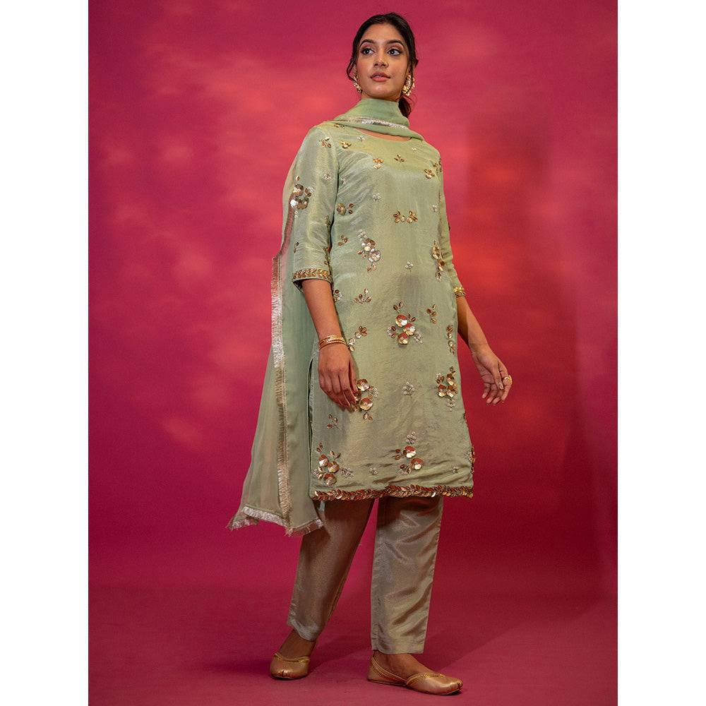 Harleen Kaur Green Tissue Hand Embroidered Kurta with Pant and Dupatta (Set of 3)