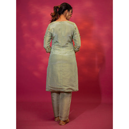 Harleen Kaur Green Tissue Hand Embroidered Kurta with Pant and Dupatta (Set of 3)