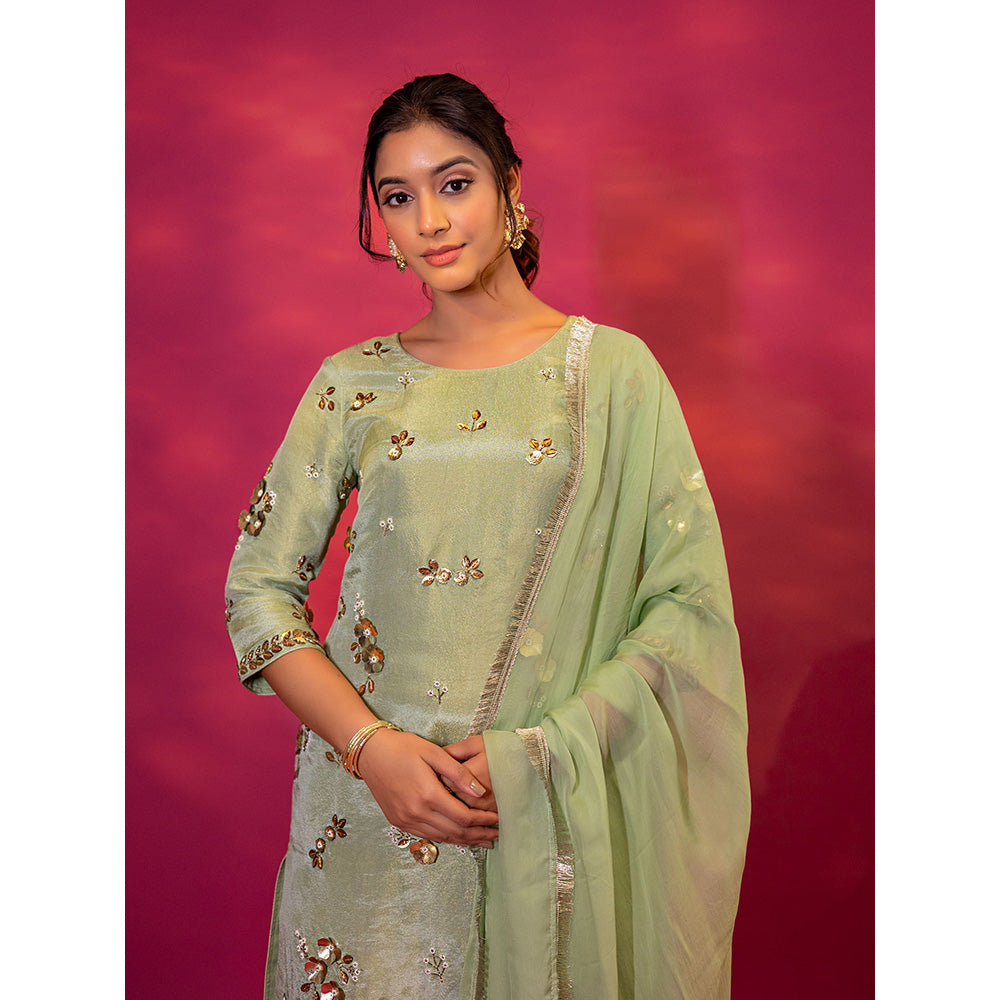 Harleen Kaur Green Tissue Hand Embroidered Kurta with Pant and Dupatta (Set of 3)