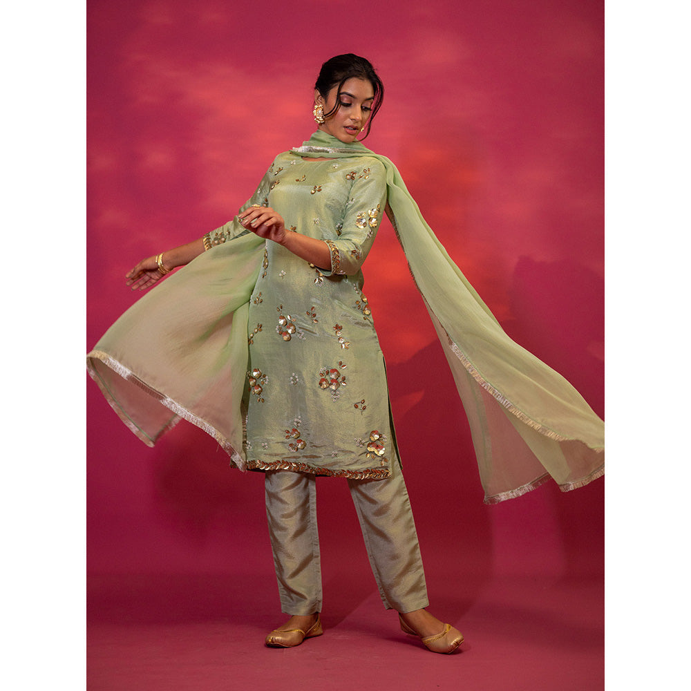 Harleen Kaur Green Tissue Hand Embroidered Kurta with Pant and Dupatta (Set of 3)