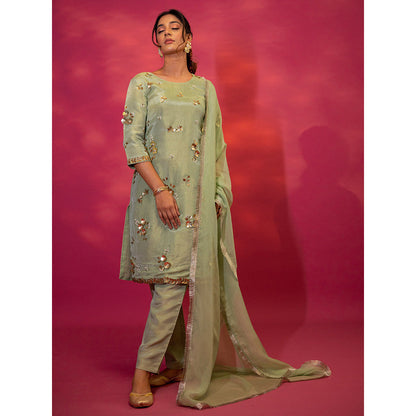 Harleen Kaur Green Tissue Hand Embroidered Kurta with Pant and Dupatta (Set of 3)