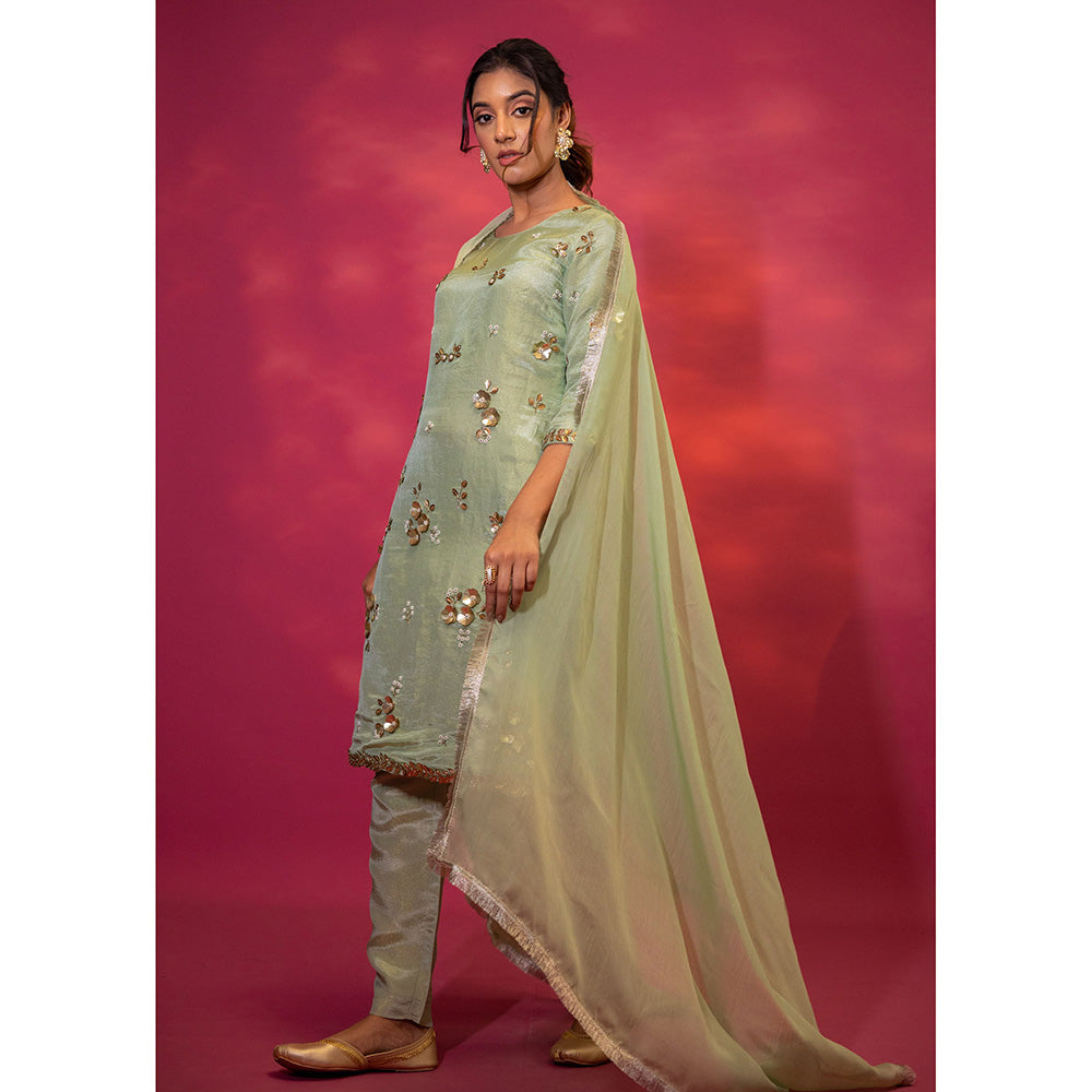 Harleen Kaur Green Tissue Hand Embroidered Kurta with Pant and Dupatta (Set of 3)
