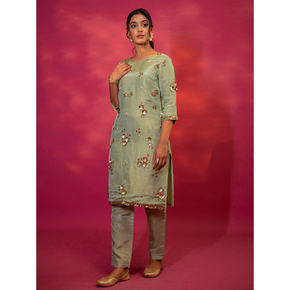 Harleen Kaur Green Tissue Hand Embroidered Kurta with Pant and Dupatta (Set of 3)