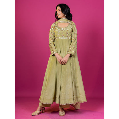 Harleen Kaur Green Tissue Hand Embroidered Anarkali with Pant and Dupatta (Set of 3)