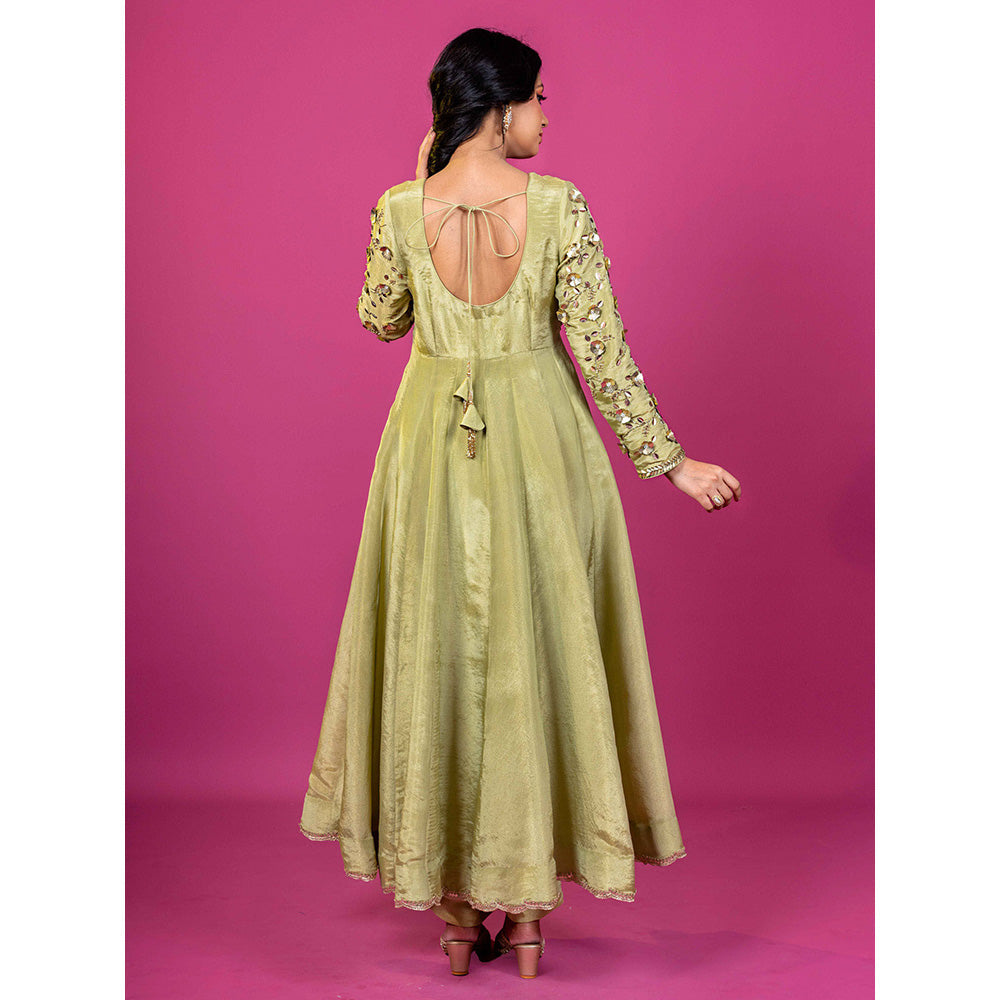 Harleen Kaur Green Tissue Hand Embroidered Anarkali with Pant and Dupatta (Set of 3)