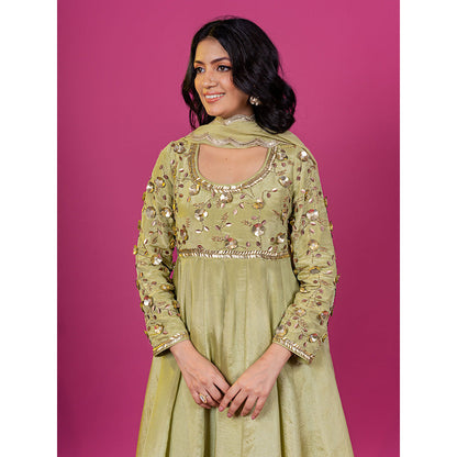 Harleen Kaur Green Tissue Hand Embroidered Anarkali with Pant and Dupatta (Set of 3)