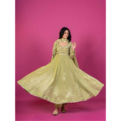 Harleen Kaur Green Tissue Hand Embroidered Anarkali with Pant and Dupatta (Set of 3)