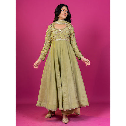 Harleen Kaur Green Tissue Hand Embroidered Anarkali with Pant and Dupatta (Set of 3)