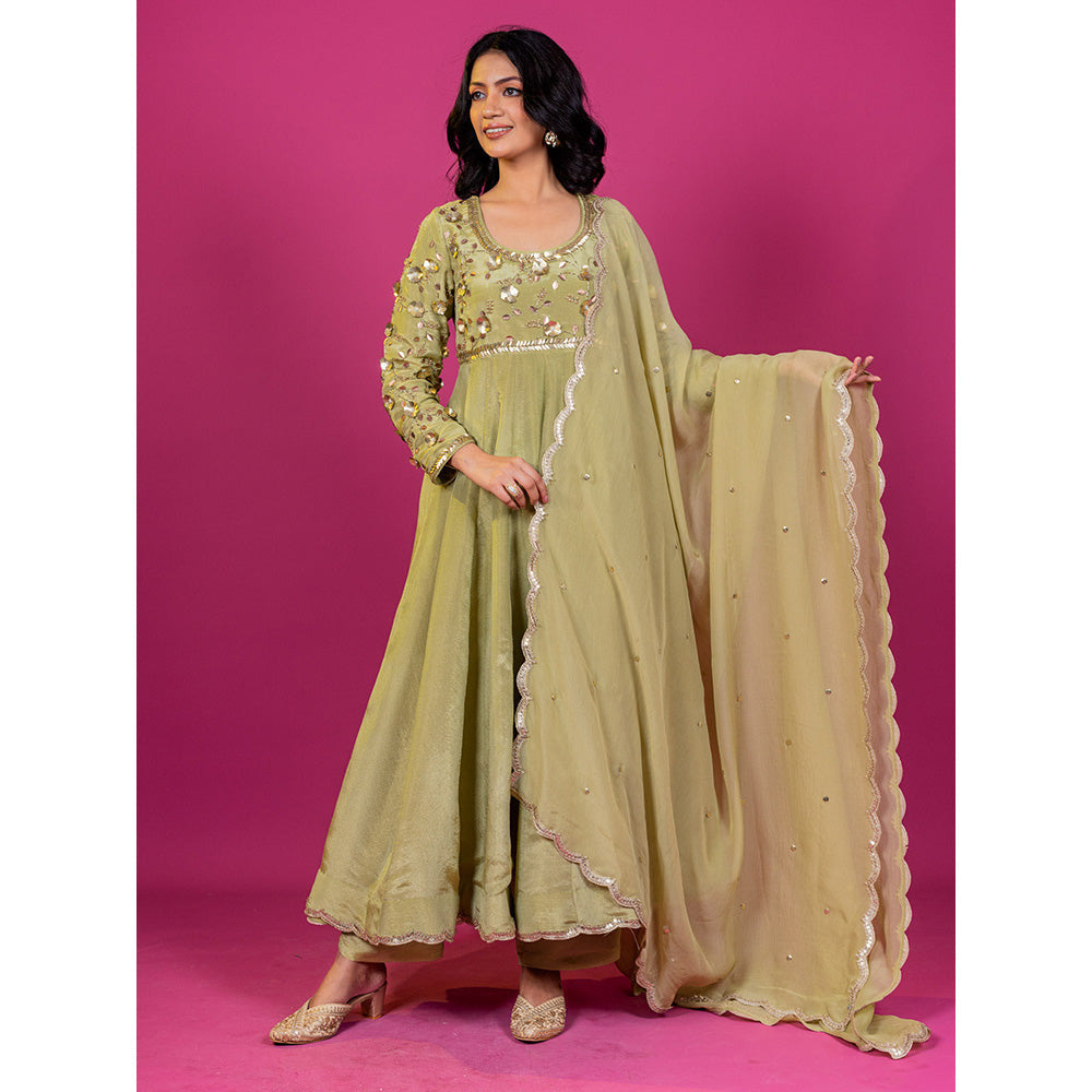 Harleen Kaur Green Tissue Hand Embroidered Anarkali with Pant and Dupatta (Set of 3)