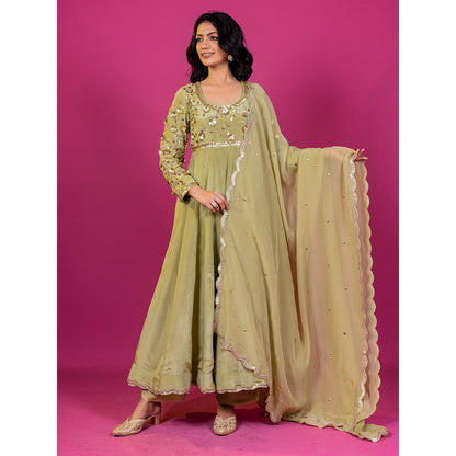 Harleen Kaur Green Tissue Hand Embroidered Anarkali with Pant and Dupatta (Set of 3)