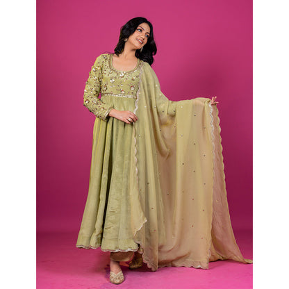 Harleen Kaur Green Tissue Hand Embroidered Anarkali with Pant and Dupatta (Set of 3)