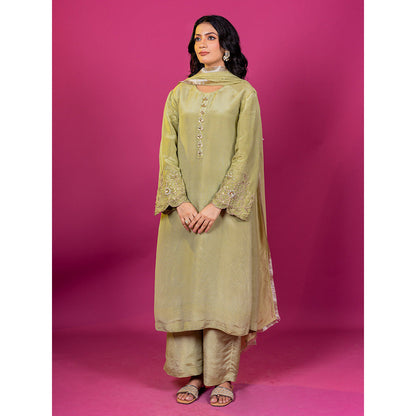 Harleen Kaur Green Tissue Hand Embroidered Kurta with Pant and Dupatta (Set of 3)