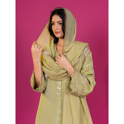 Harleen Kaur Green Tissue Hand Embroidered Kurta with Pant and Dupatta (Set of 3)