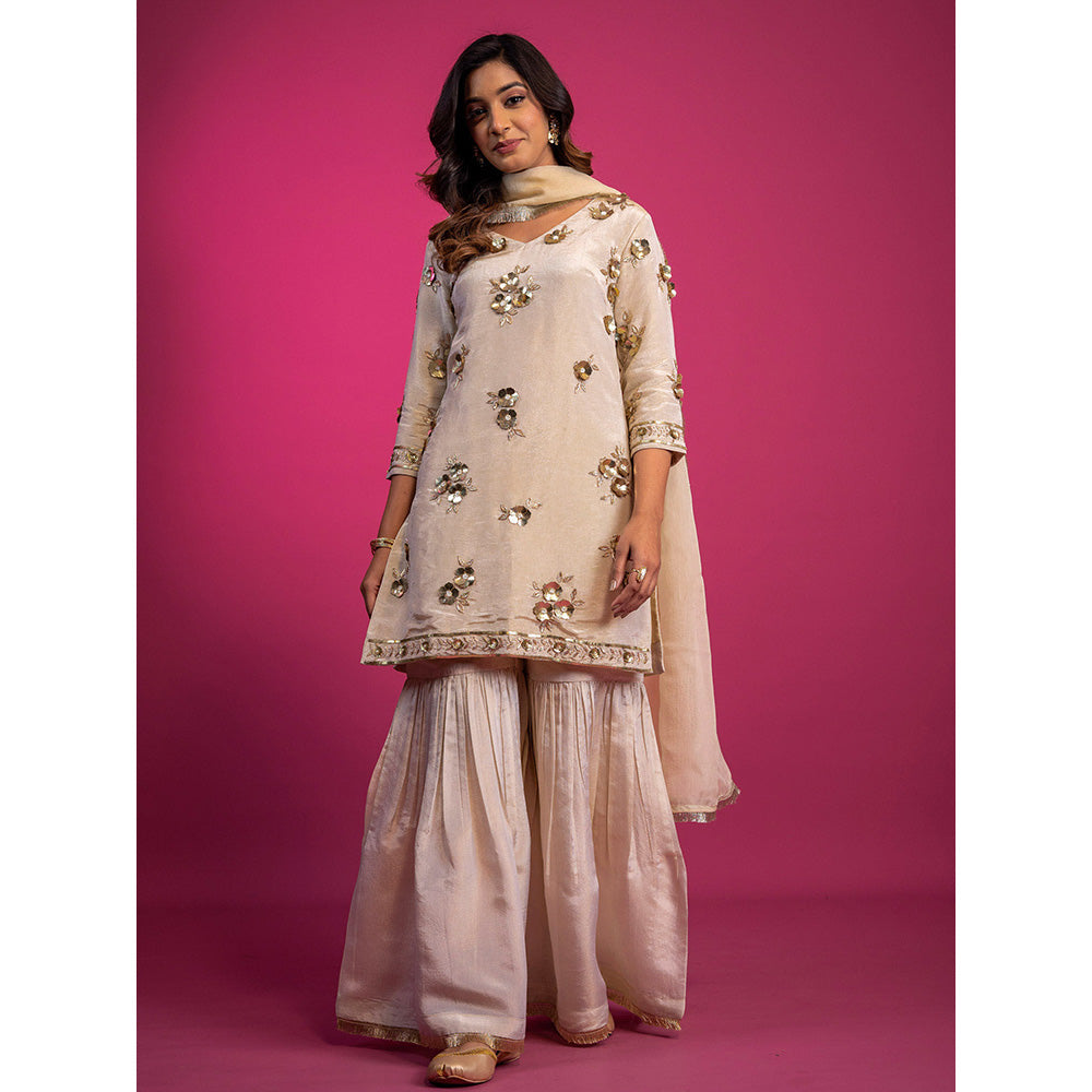 Harleen Kaur Off White Tissue Hand Embroidered Sharara with Kurta and Dupatta (Set of 3)