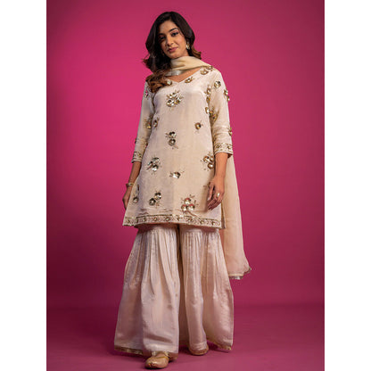 Harleen Kaur Off White Tissue Hand Embroidered Sharara with Kurta and Dupatta (Set of 3)