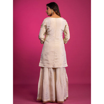 Harleen Kaur Off White Tissue Hand Embroidered Sharara with Kurta and Dupatta (Set of 3)