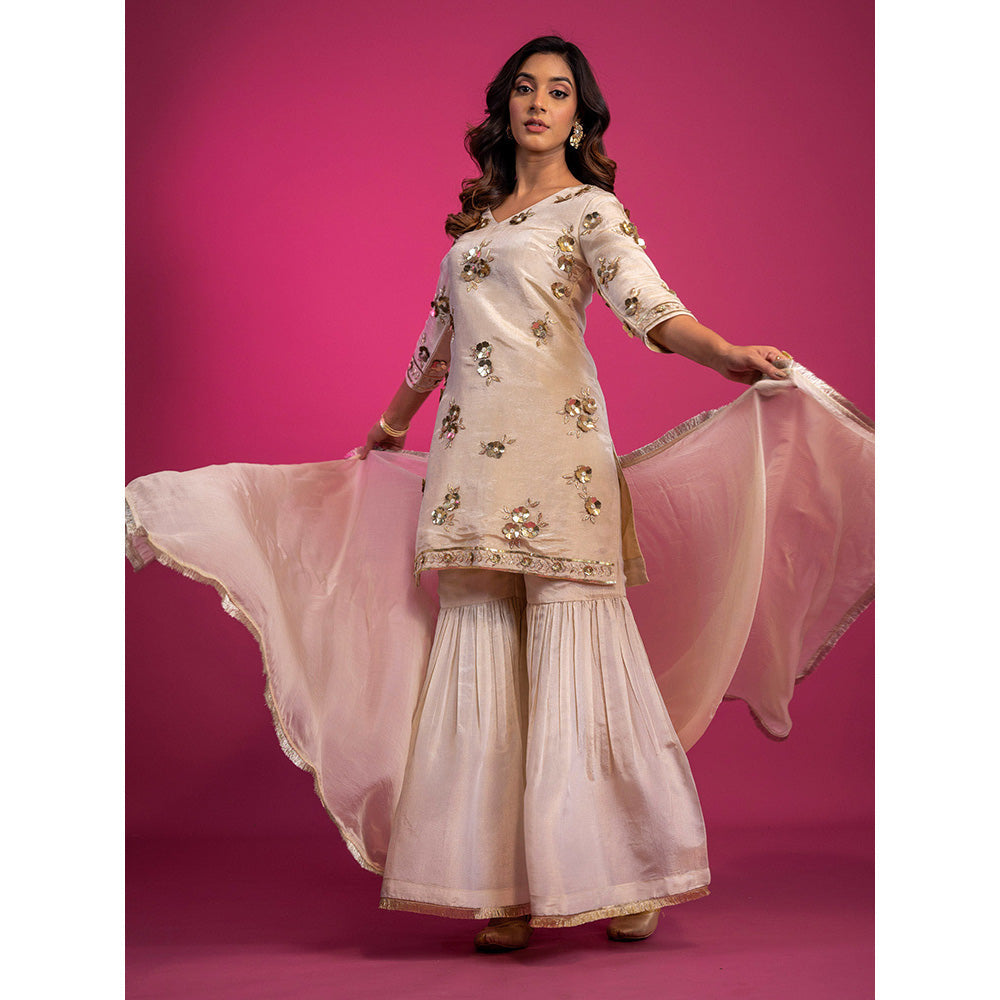 Harleen Kaur Off White Tissue Hand Embroidered Sharara with Kurta and Dupatta (Set of 3)