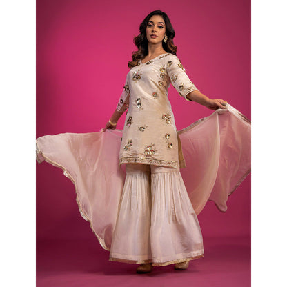 Harleen Kaur Off White Tissue Hand Embroidered Sharara with Kurta and Dupatta (Set of 3)