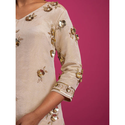 Harleen Kaur Off White Tissue Hand Embroidered Sharara with Kurta and Dupatta (Set of 3)