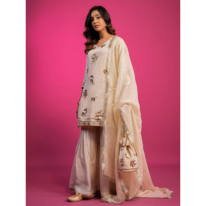 Harleen Kaur Off White Tissue Hand Embroidered Sharara with Kurta and Dupatta (Set of 3)