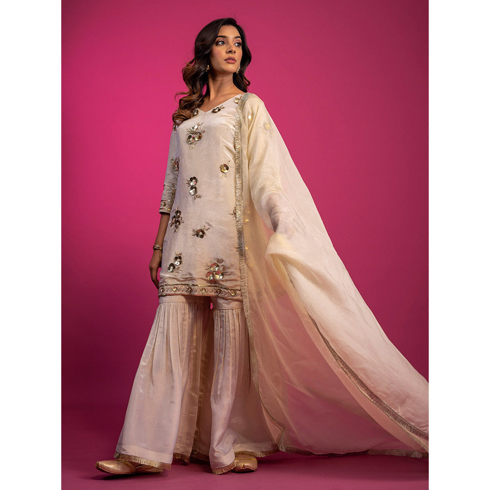 Harleen Kaur Off White Tissue Hand Embroidered Sharara with Kurta and Dupatta (Set of 3)