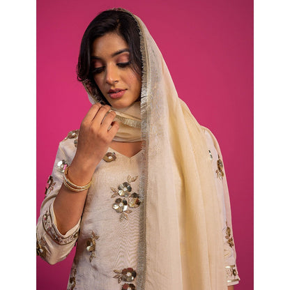 Harleen Kaur Off White Tissue Hand Embroidered Sharara with Kurta and Dupatta (Set of 3)