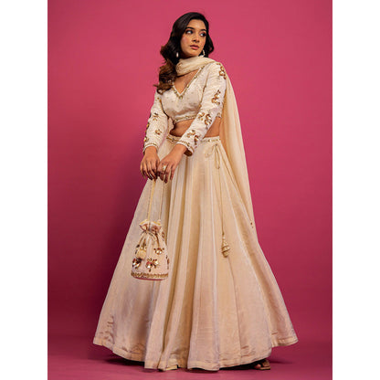Harleen Kaur Off White Tissue Hand Embroidered Lehenga with Blouse and Dupatta (Set of 3)