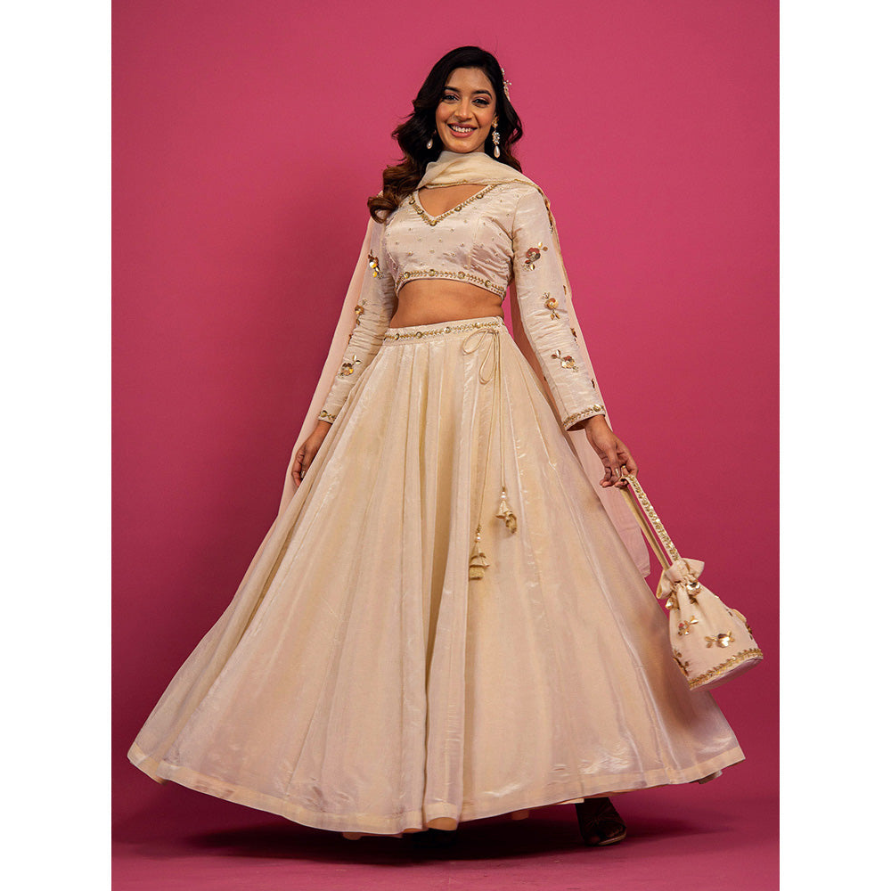 Harleen Kaur Off White Tissue Hand Embroidered Lehenga with Blouse and Dupatta (Set of 3)