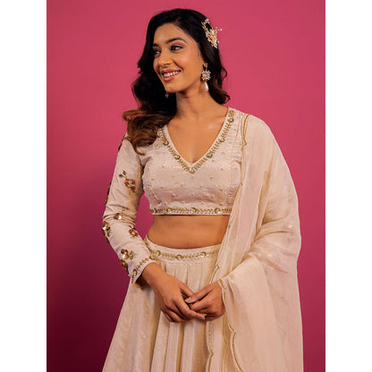 Harleen Kaur Off White Tissue Hand Embroidered Lehenga with Blouse and Dupatta (Set of 3)
