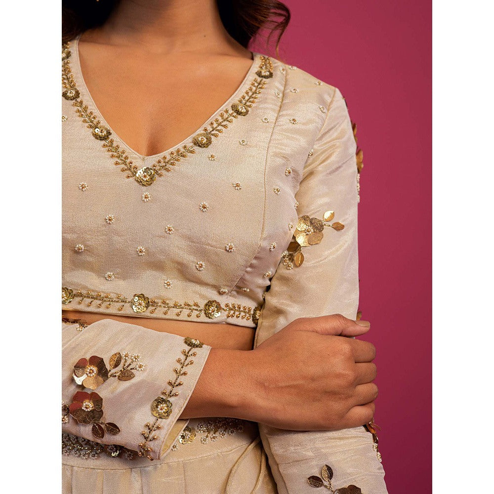 Harleen Kaur Off White Tissue Hand Embroidered Lehenga with Blouse and Dupatta (Set of 3)