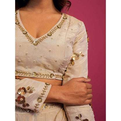 Harleen Kaur Off White Tissue Hand Embroidered Lehenga with Blouse and Dupatta (Set of 3)