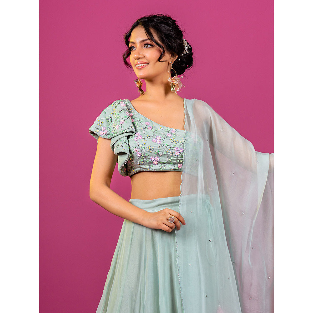 Harleen Kaur Sky Blue Hand Embroidered Lehenga with Blouse and Dupatta (Set of 3)