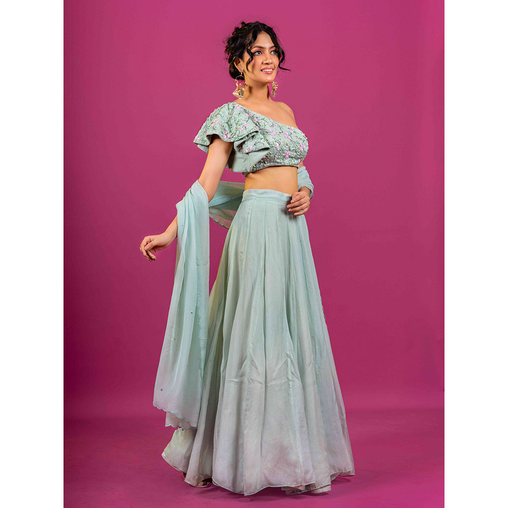 Harleen Kaur Sky Blue Hand Embroidered Lehenga with Blouse and Dupatta (Set of 3)