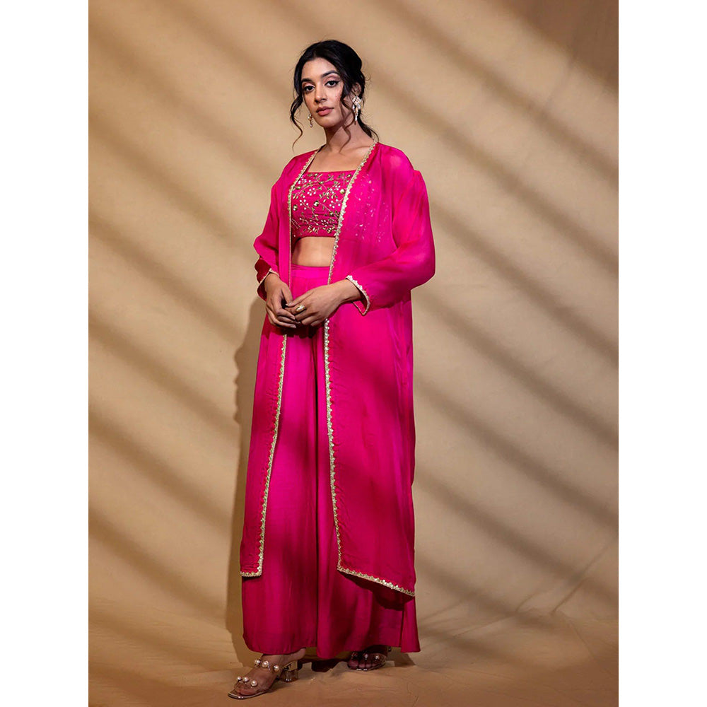 Harleen Kaur Pink Hand Embroidered Crop Top with Palazzo and Jacket