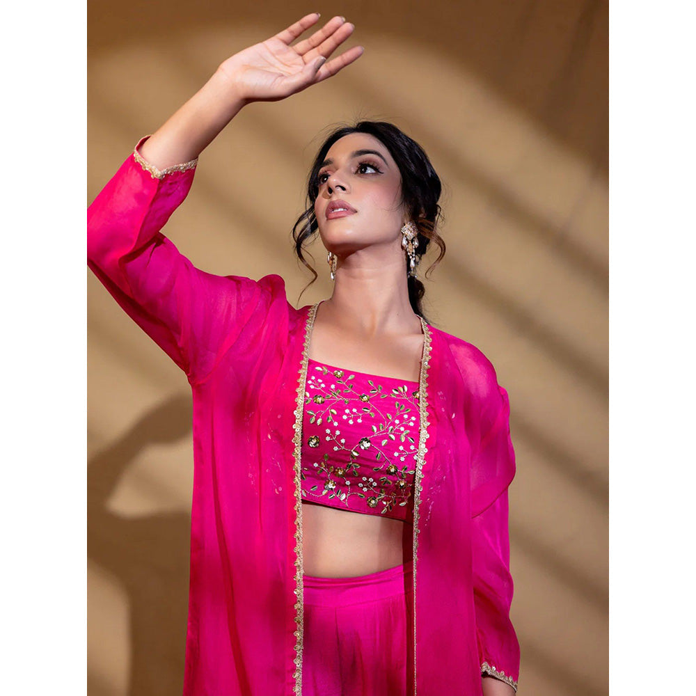 Harleen Kaur Pink Hand Embroidered Crop Top with Palazzo and Jacket