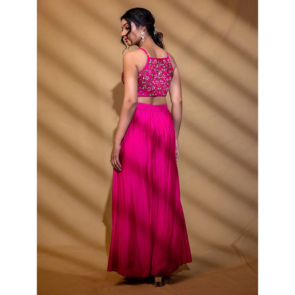 Harleen Kaur Pink Hand Embroidered Crop Top with Palazzo and Jacket