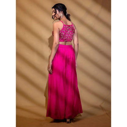 Harleen Kaur Pink Hand Embroidered Crop Top with Palazzo and Jacket