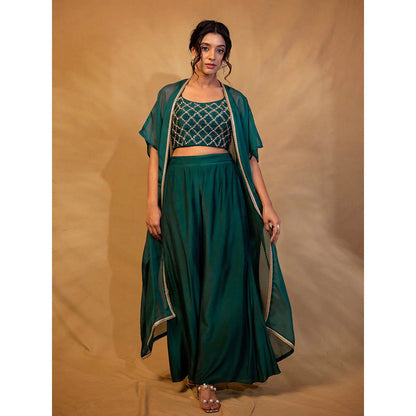 Harleen Kaur Green Embroidered Crop Top with Palazzo and Jacket