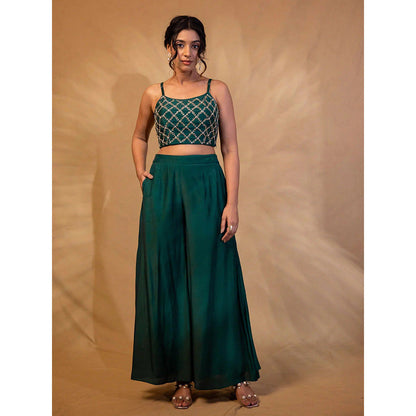 Harleen Kaur Green Embroidered Crop Top with Palazzo and Jacket