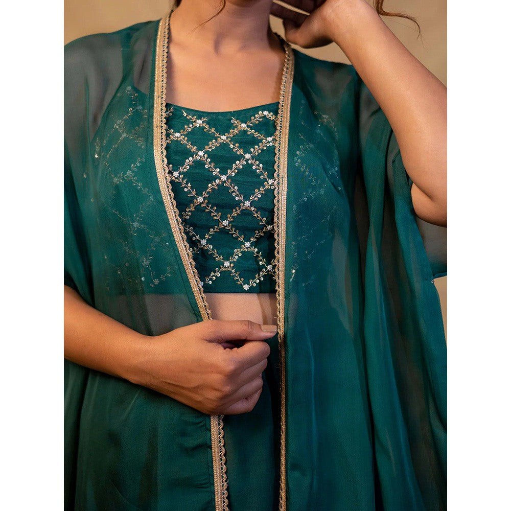 Harleen Kaur Green Embroidered Crop Top with Palazzo and Jacket