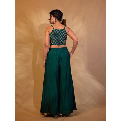 Harleen Kaur Green Embroidered Crop Top with Palazzo and Jacket