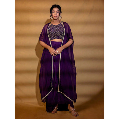 Harleen Kaur Purple Embroidered Crop Top with Skirt and Cape