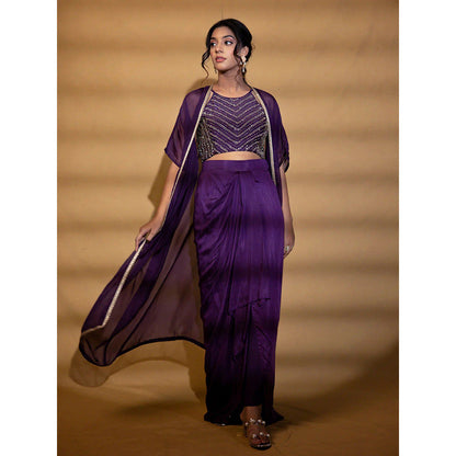 Harleen Kaur Purple Embroidered Crop Top with Skirt and Cape